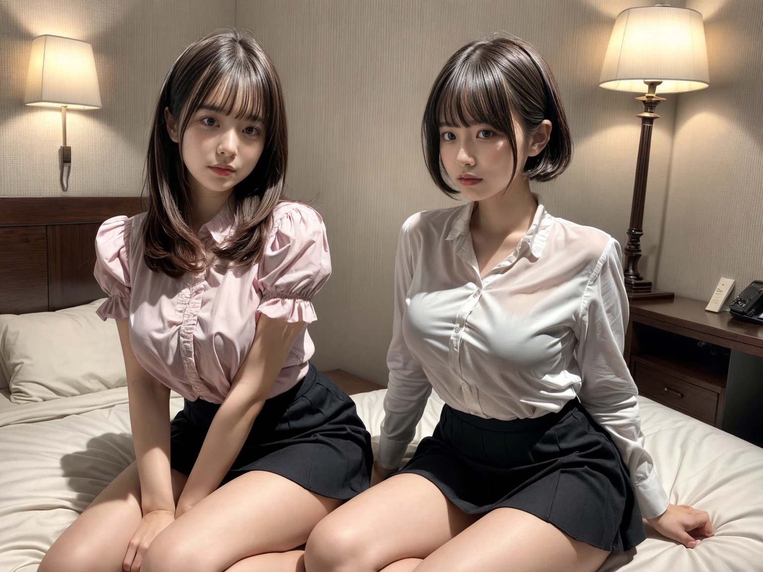 masterpiece, best quality, illustration, Super detailed, fine details, High resolution, 8K,wall paper, perfect dynamic composition,(Details High quality, realistic depiction of eyes:1.3), (2 girls), pink frilled shirt blouse, Black Frilled skirt, sitting, open legs, short bob hair, in a hotel room in the background, deep on field, large breasts, black hair color, Big Natural Color Lip, (perfect body shape), crying a little、Harajuku style、20 year old girl、cute type、beautiful legs, Gravure Idol