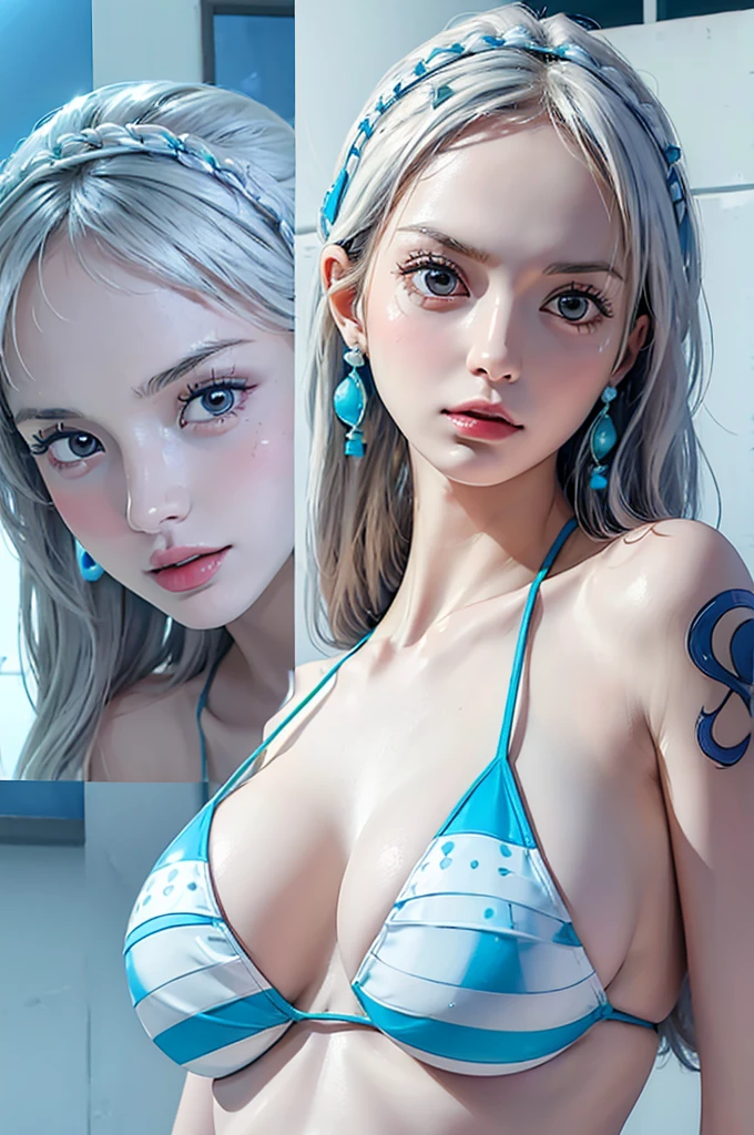 (masterpiece:1.4),(Highest quality:1.4),超High resolution,High resolution,8k resolution, ONE PIECE, (US, White skin, Slim body:1.4), (Detailed facial expressions:1.4), Glowing Skin, (Blue and white striped ??????:1.2), Big earrings, tattoo