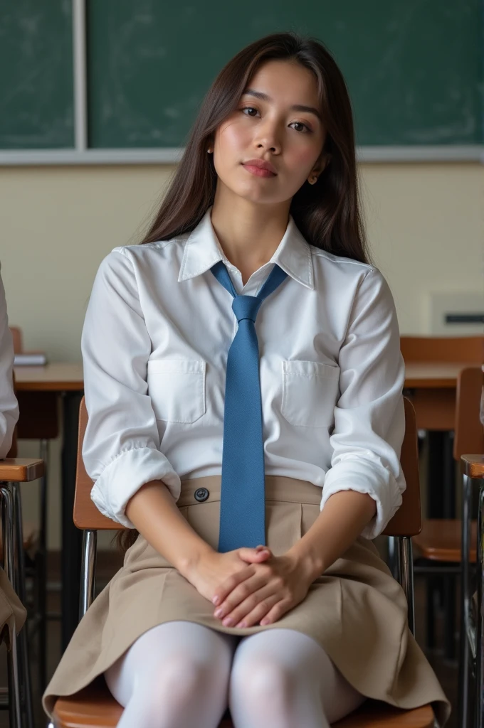 Girl in white shirt, light brown skirt, blue tie with medium size , without panties and bra, sitting on the lap of a guy in classroom. High quality. Revealing shirt.white stocking. Tight vagina