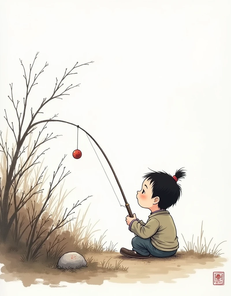 Ink portrait,National scenery,New Gongbi,Song Huizong,Large area of white space,A cute ancient Q version of a five-year-old child,Sitting in the bushes fishing,To the adults walking by,Nervously raised hands