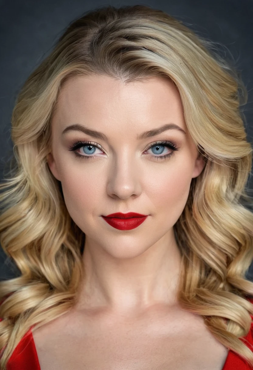 A waist-up portrait of a beautiful female whose face combines features of Samantha Rone + Natalie Dormer. The female has lovely makeup on her face. The female wears red lipstick. Symmetrical eyes. Symmetrical face. Lovely details. Photorealistic. Full-colored photo. Professional photo. Highly detailed 8K.