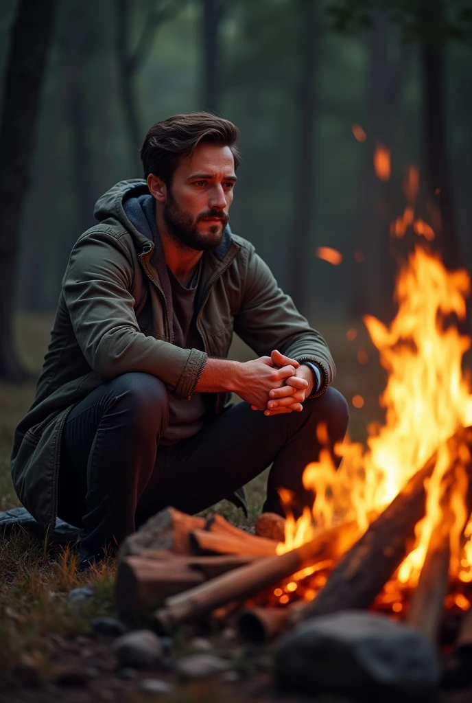 
man seating front of campfire, with face



