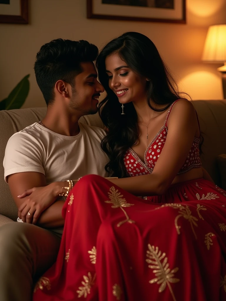 There is a 22-year-old Indian girl she is red wearing a lehenga and is sitting on her boyfriend's lap and is absolutely passionate bold look