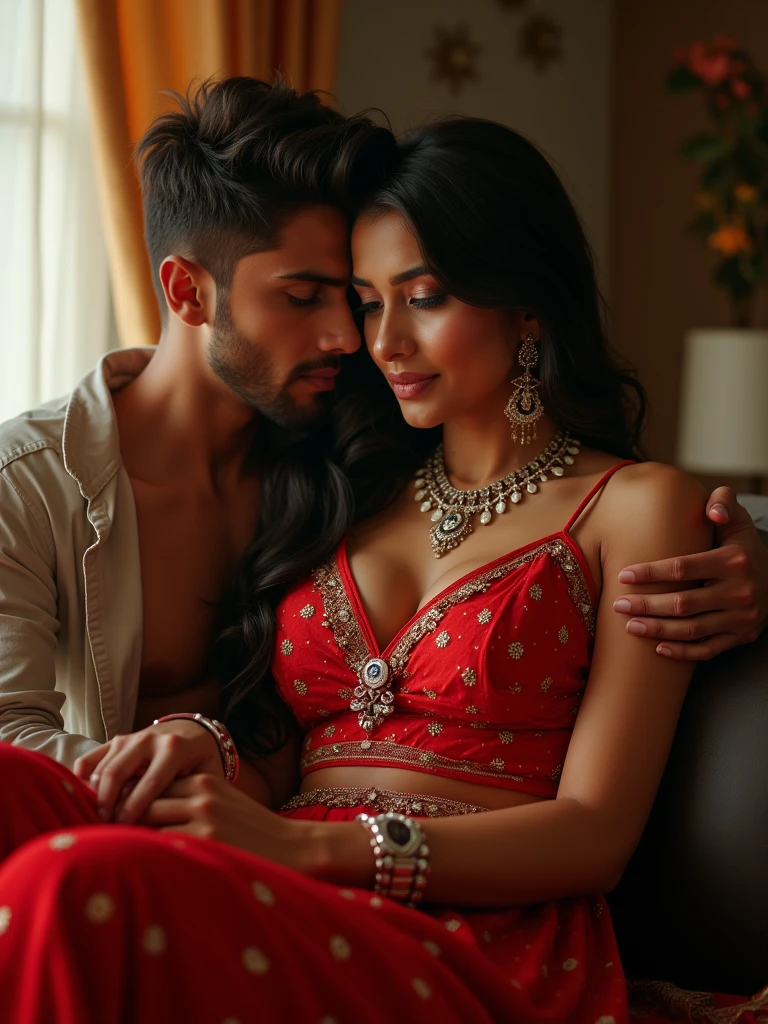 There is a 22-year-old Indian girl she is red wearing a lehenga and is sitting on her boyfriend's lap and is absolutely passionate bold look