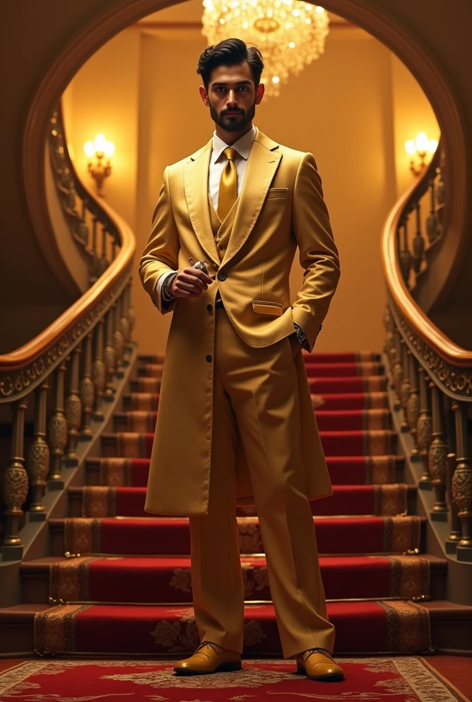 A bengali Young man with cigar in hand and long golden night suit standing on stair another hand bank check book