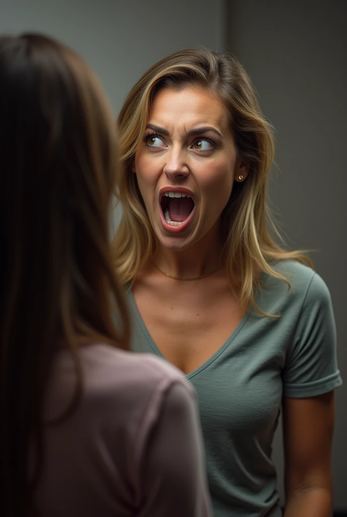 an aggressive woman yelling at another person in full person