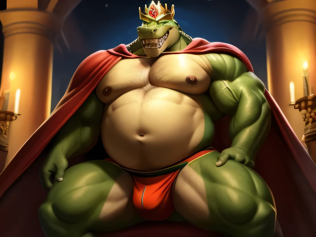 full frontal, light green jockstrap, muscle gut, expanding belly, muscular male, pleased, needy expression, Man, giant, stocky, bearing teeth, green crocodile, crown, red cape, bare pectorals, nipples, cumerate penis, having sex 