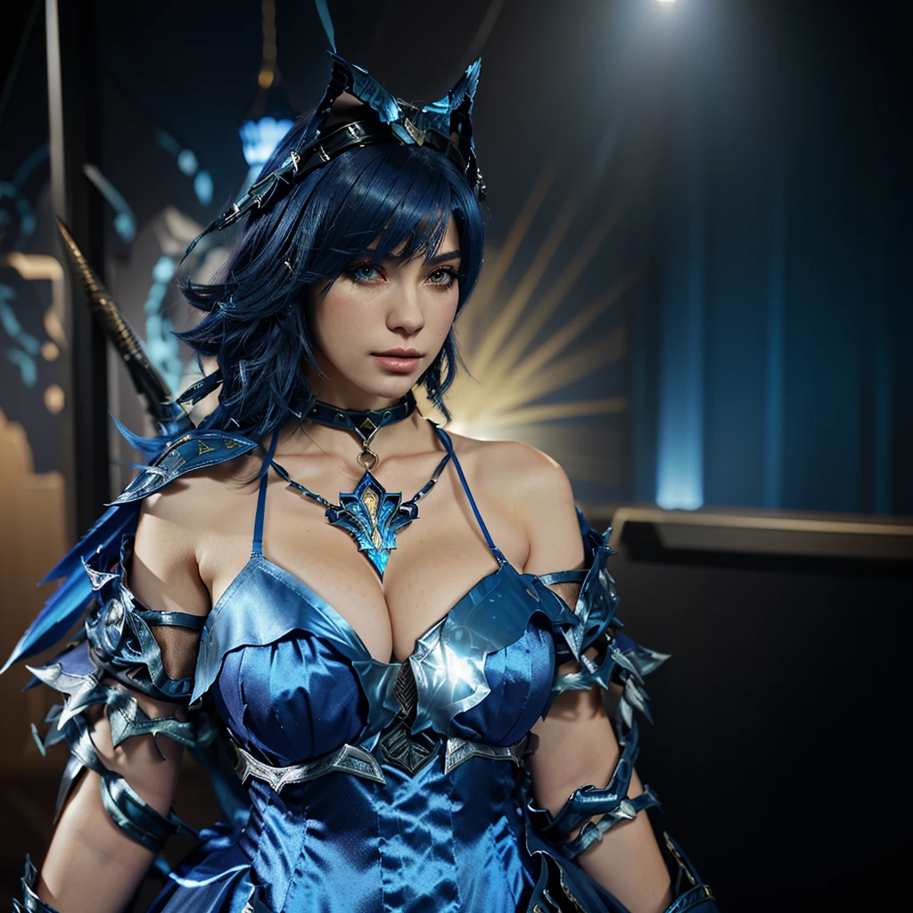 there is a woman in a blue and black dress, final fantasy style 14, from ncsoft, <Cena MMORPGS, seductive mesmer woman, in monster hunter armor, fantasia final 1 4, negotiating in pxiv, 8k Character Details, style game square enix, costume with blue details, fantasia final 1 4 screenshot, wearing shiny breastplate