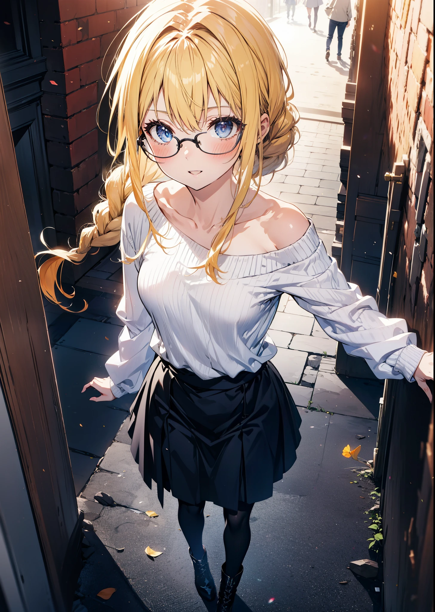 Alicesburg, Alice Zuberg, bangs, blue eyes, Blonde, Hair between the eyes, hair band,smile,blush,Open your mouth, Long braids,Glasses,One-shoulder sweater,Long skirt,Black pantyhose short boots,Walking,Daytime,Clear skies,whole bodyがイラストに入るように,
break outside, Building district,
break looking at viewer, whole body,
break (masterpiece:1.2), Highest quality, High resolution, unity 8k wallpaper, (figure:0.8), (Beautiful attention to detail:1.6), Highly detailed face, Perfect lighting, Highly detailed CG, (Perfect hands, Perfect Anatomy),