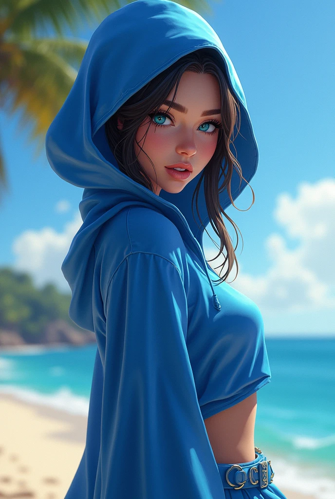 sexy woman in blue outfit posing on beach with hood over her head, concept art inspired by Greg Hildebrandt, Artstation contest winner, fantasy art, samira from league of legends, aly fell and artgerm, youthful taliyah, qiyana, alena aenami and artgerm, symmetra from overwatch