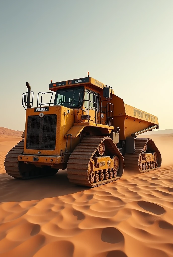 (RAW photo, realistic photo, high quality, masterpiece), caterpillar track, tracked transportation vehicle , moving on desert 