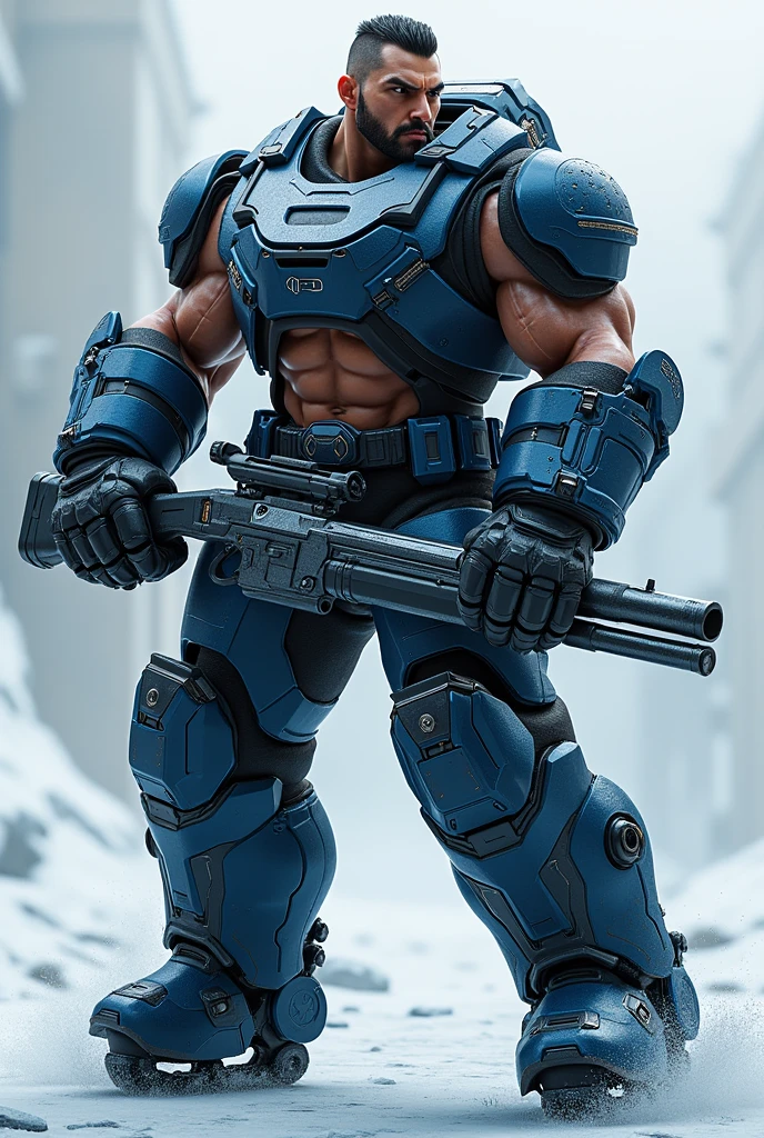 Highly detailed male character of team-based action shooting video game、Job title: Tank、Ice hockey goalkeeper armor、Exquisitely detailed muscular body、Broad shoulders、Thick chest、Developed brachial muscles、Toned Abs、Developed thigh muscles、Fierce_Elaborate and detailed faces、Very short hair、Navy blue and azuki bean color scheme、Futuristic heavy armor、Tactical Helmet、Futuristic shotgun、Concept Art、Intricate details、Hyperrealistic、8k、Highest quality、Photorealistic、masterpiece