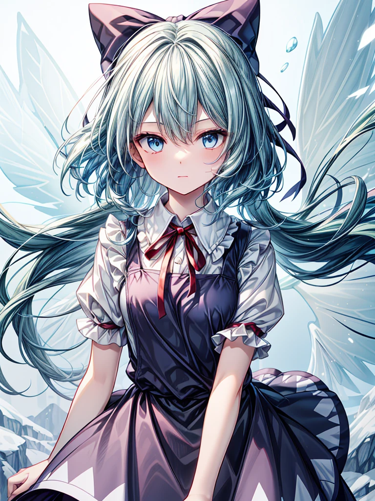1girl, ((Alluring)),((Wear cold air)),cirno (Touhou), ((long hair)), blue hair, ice wings, ((Hair blowing in the wind)),fairy wings, Blue eyes, bangs, white shirt, collared shirt, puffy short sleeves, blue dress, pinafore dress, red ribbon, neck ribbon, blue bow, green bow, hair bow, bow