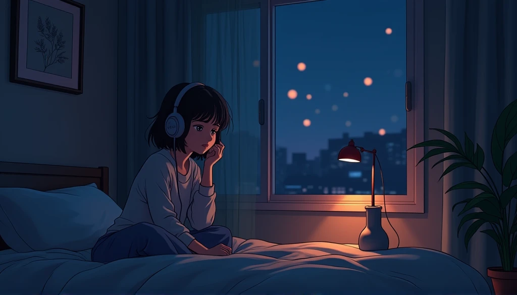 Perfect image, 8k, night、Girl listening to music in a cozy room, Using headphones, 2D-style animation, Lo-Fi, hard disk, Dark Environment,,Ghibli style