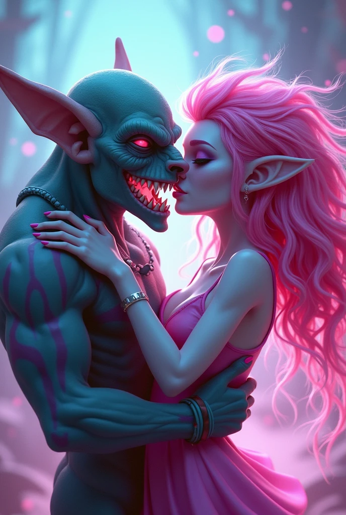 Alien Nitrous Oxide, Villain from the game Crash Team Racing being kissed by a beautiful pastel pink alien with pink hair
