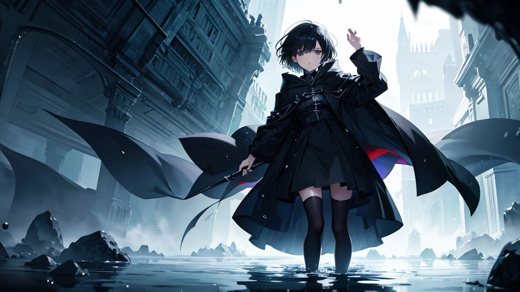 anime girl with black short hair, black cloak, apocaliptic, floating drops of water, ethereal, dramatic lighting, standing on her knees at water floor, fantasy