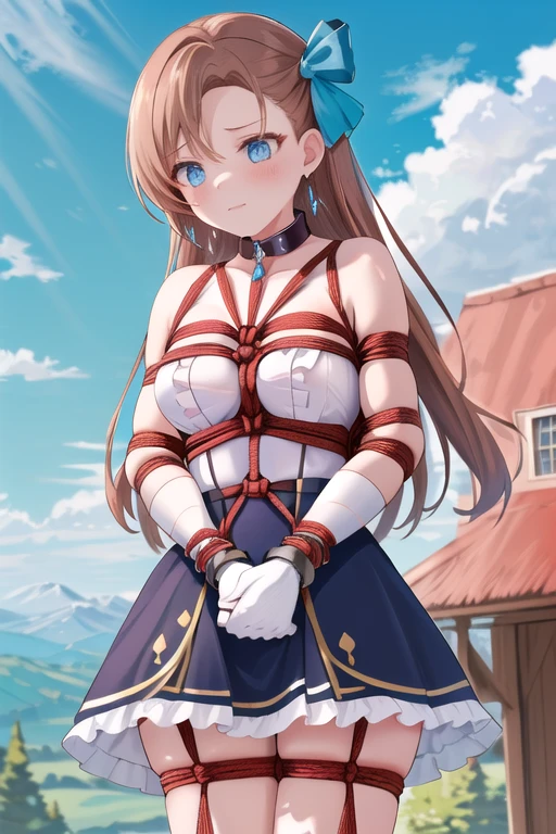 masterpiece, (Highest quality:1.2), High resolution, (landscape:1.2), Light, One girl, alone, Katarina Claes, Asymmetrical bangs, Earrings, Hair Ribbon, Blue clothes, Long dress, High collar, Ascot, brooch, White gloves, bracelet, landscape /( Royal Castle/), Frills,(BDSM,Slave Collar,Slave chains,Rope Bondage,shibari:1.5)
