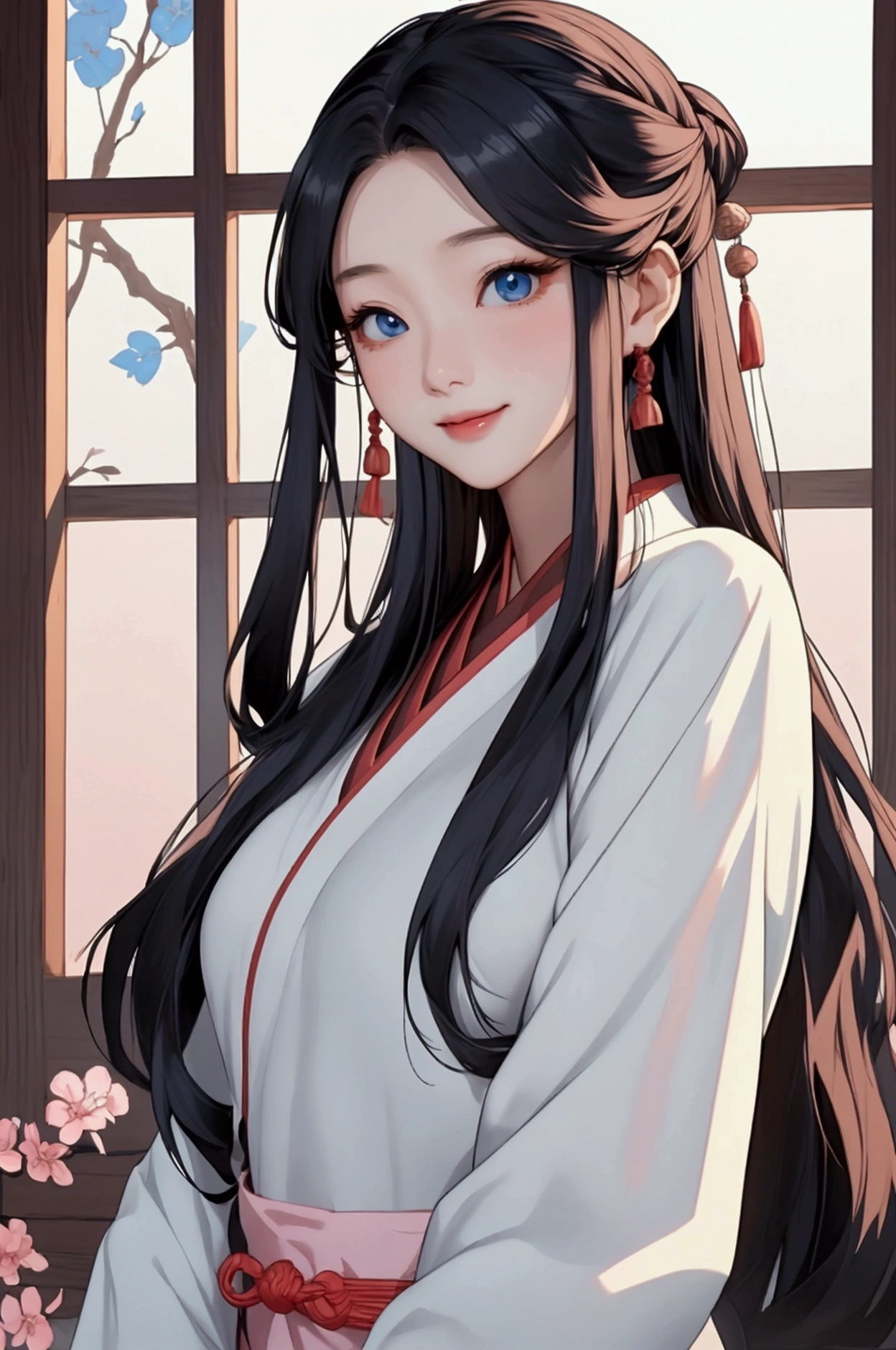 (Highest quality、 8k 、masterpiece、High resolution)、(Chinese Drama、Changgexing、Li Changge、Dililaba)、Tang Dynasty、Changan、1 Female、Beautiful young person、blue eyes、Pretty lips、(Anime Beauty)、(Anime Art)、Smiling and posing happily、Bright atmosphere、Light colored long hair、Light pink Hanfu、古いChanganの街並み、Official Art、Detailed CG、