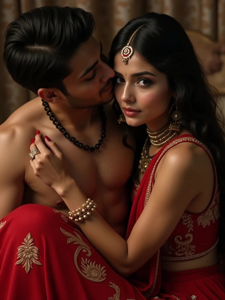 There is a 22-year-old Indian girl she is red wearing a lehenga and is sitting on her boyfriend's lap and is absolutely passionate sexy look