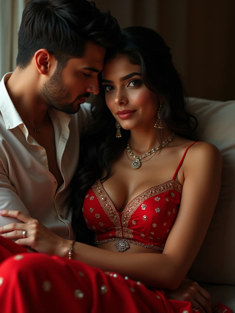There is a 22-year-old Indian girl she is red wearing a lehenga and is sitting on her boyfriend's lap and is absolutely passionate sexy look