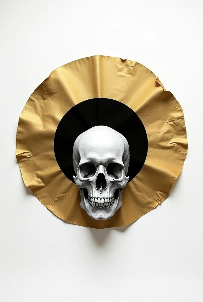 Hello, can you help me create a hyperrealistic photo of a pristine white background, right in the middle a perfect circle of gold leaf, in the center a smaller circle, absolutely black, in the center of this circle a pencil drawing, photorealistic of a human skull, facing the viewer, thanks, photo, fashion, dark fantasy, conceptual art