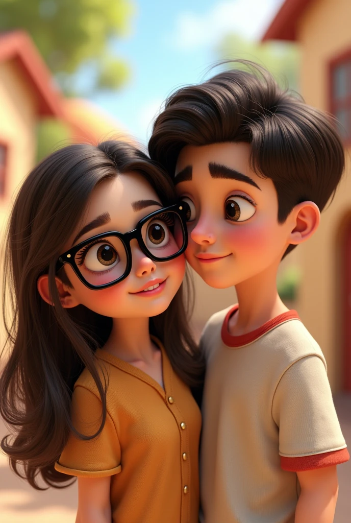 A Pixar-like couple, that the girl has black square glasses, be brunette, have full lips and a mole on the left cheek, slanted eyes cabello negro con mechones rubios, and the boy is white, profiled nose, short hair, slanted eyes, Thin and pink lips, xbushy eyebrows