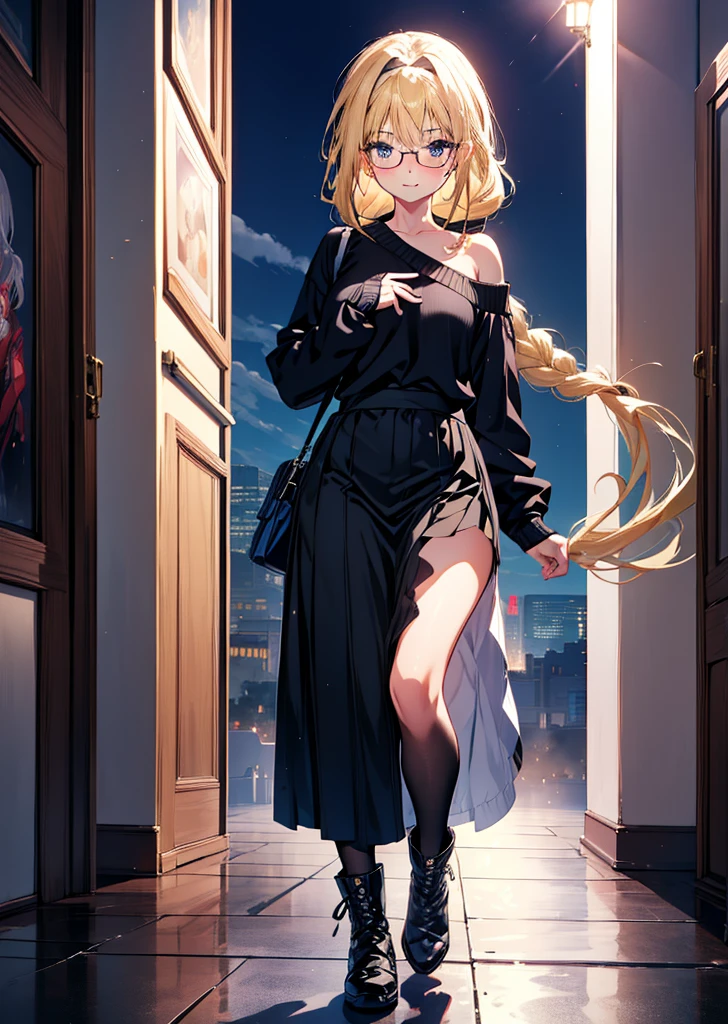 Alicesburg, Alice Zuberg, bangs, blue eyes, Blonde, Hair between the eyes, hair band,smile,blush,Open your mouth, Long braids,Glasses,One-shoulder sweater,Long skirt,Black pantyhose short boots,Walking,Daytime,Clear skies,whole bodyがイラストに入るように,
break outdoors ,Building district,
break looking at viewer, whole body,
break (masterpiece:1.2), Highest quality, High resolution, unity 8k wallpaper, (figure:0.8), (Beautiful attention to detail:1.6), Highly detailed face, Perfect lighting, Highly detailed CG, (Perfect hands, Perfect Anatomy),