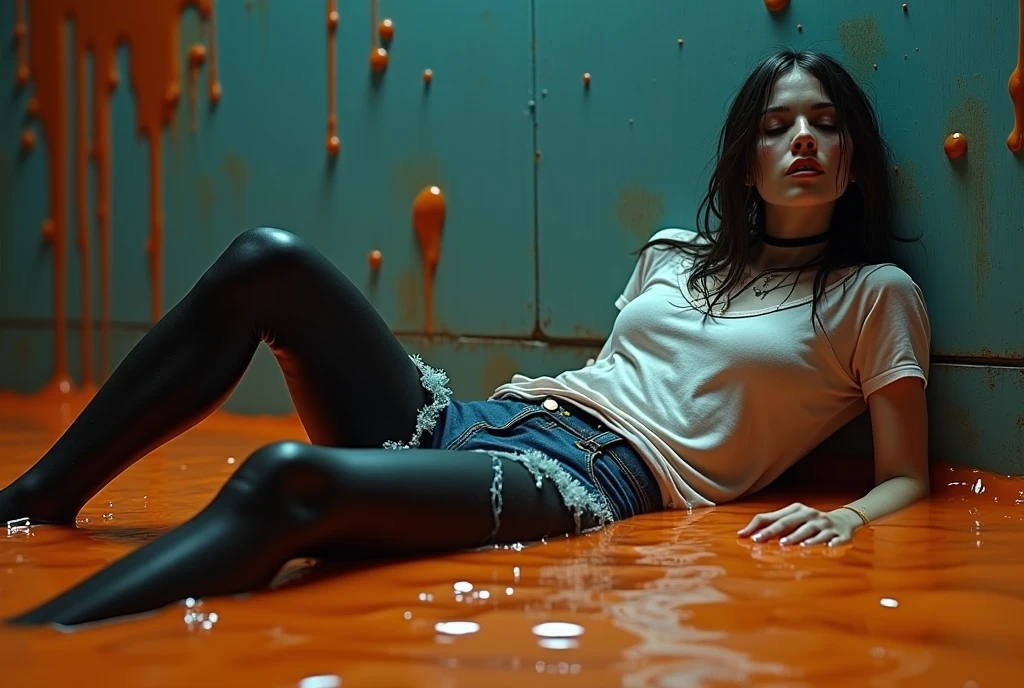 conceptual art, drowning, dripping wet, drama, indulges in fetish, rubber black stockings, vintage jeans cut-offs, wet t-shirt, slave collar, stuck in slime, orange blue, black,