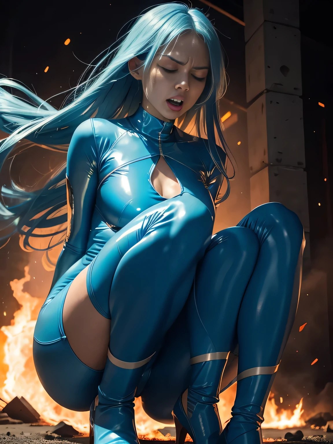superheroine, long long gorgeous light blue hair, slender body, latex, leotard, blue and white costume, ((blown away)), enveloped in heat hell, red heat, (received heat bullet), (burning air), dark red space distorted, cruelly, (painful), helpless, (screaming in pain), eyes closed, holding on, crouching, gritting teeth, suffering, leaning back, shrimp warping, (lying face up), spreading hands, lifting feet off the ground, being blow through the air, seen many explosion, explosion nitting her, hair swaying in hot air, in underground base