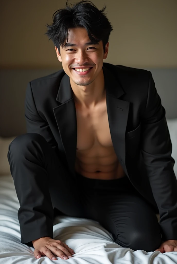 Asian man,27years,hot frat guy wearing a suit, open shirt, black suit jacket, black suit pants, showing off his body, defined abs and defined pecs, smirking, ultra realistic, shot with cinematic camera, high quality photography,, flash with softbox, 4k, Canon EOS R3, hdr, smooth, sharp focus, high resolution, award winning photo, 80mm, f2.8, bokeh, masterpiece realistic, best high quality,Real-life Photorealism, Raw Portrait Photography , There are abs, Differential crushing cap, rough breath, Black hair, Messy hair, modern, hyper HD, Masterpiece, curate, This photorealistic portrait combines the style of National Geographic., Capture every detail of his textured skin in 8k resolution. Leica digital SLR. (8K UHD、RAW Photography、Photorealistic Portrait Leica Digital SLR、Lifelike images) (Crawling on All Fours, Kneeling), on a bed,