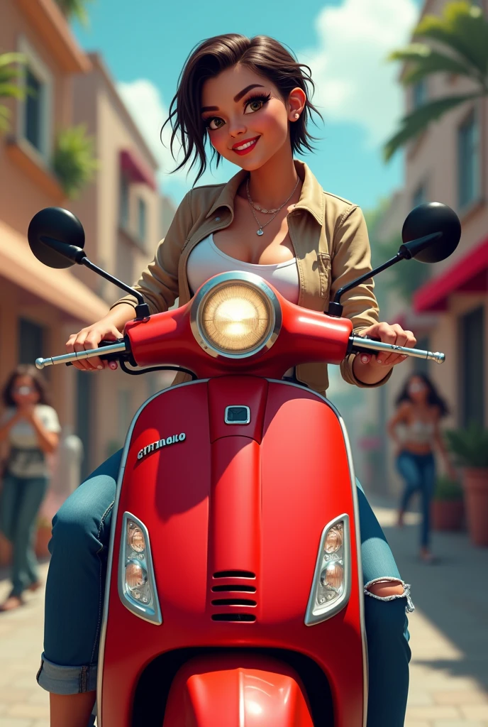 Popular girl called "dalith Santiago"  short hair on a red scooter