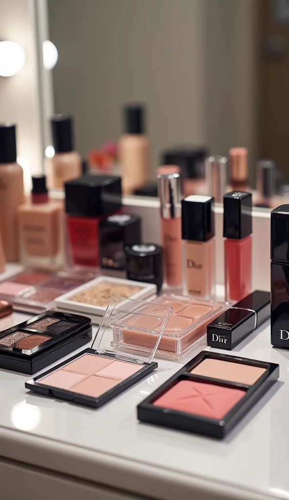 Photo of a dressing table full of makeup products, including products such as Dior blush and others