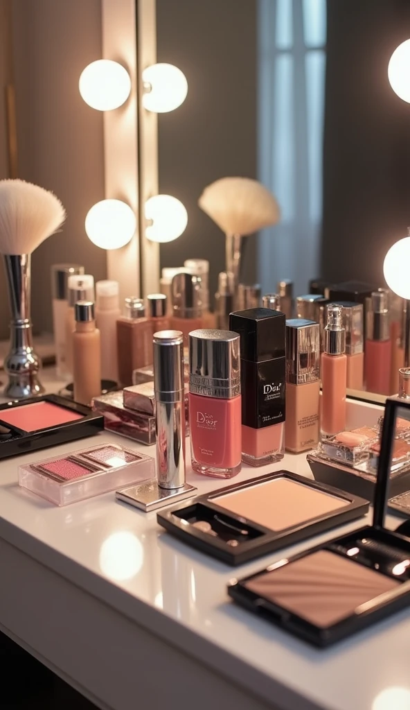Photo of a dressing table full of makeup products, including products such as Dior blush and others
