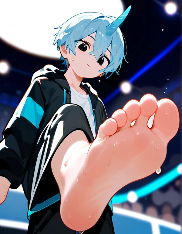A cute boy showing his stinky feet low angle, barefoot, only; Sweating soles of feet, Foot Focus,White T-shirt, Wearing a white and black hooded jacket, There are bangs between the eyes,short hair,Light blue hair, Black pants, Anatomically correct, There is a single, stubby, blue horn in the center of the head., Unicorn,black eyes, Look at the audience