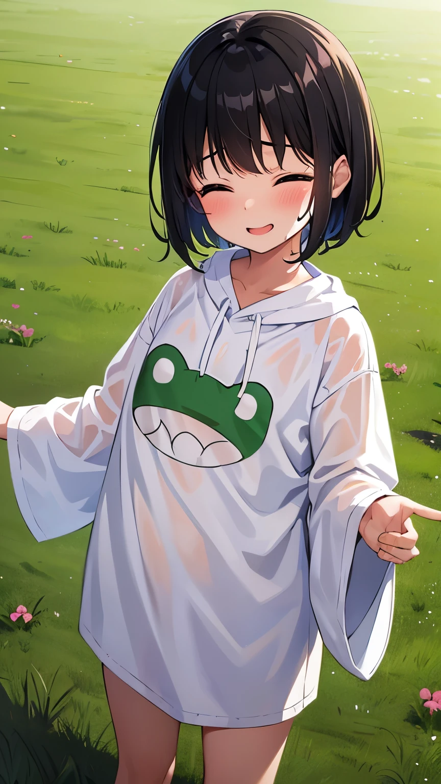 Grassland,smile,close your eyes,Small child 1, 1,short hair,Black Hair,blush,White skin,From below,shy,Wet,Please open your mouth wide,Cowboy Shot,Facing forward,Frog costume,Wet