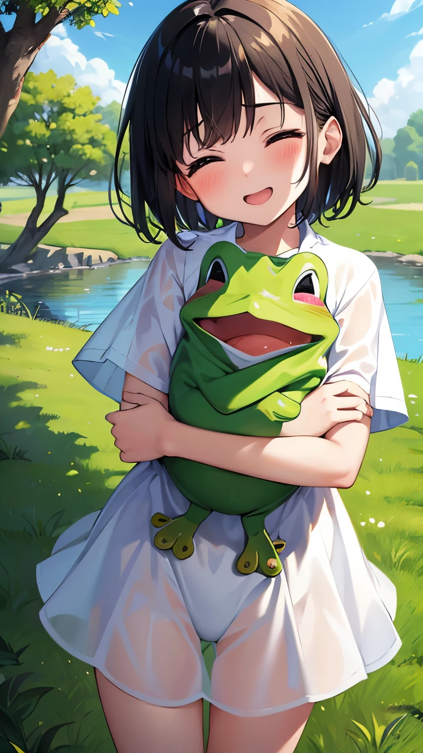 Grassland,smile,close your eyes, 1, 1,short hair,Black Hair,blush,White skin,From below,shy,Wet,Please open your mouth wide,Cowboy Shot,Facing forward,Green frog costume,Wet