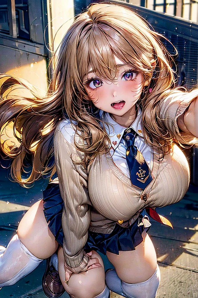 Browsing Caution,​(Highest quality, 8k, masterpiece:1.3,beautiful girl), (Very detailed)Glowing Skin,(((Long Hair,blonde,Beautiful Hair))),(Perfect Anatomy, Anatomically correct, Very detailed肌),((Golden Eyes)),((Perfect Fingers,Five Fingers)),((Light blue collared shirt, Navy pleated mini skirt, socks, Navy tie, Light brown cardigan, White knee socks)),Pink Panties,  Knee-high socks,Knee-high socks on both feet,Double teeth,(((Heart symbol on eye))),Big Breasts,Big Ass,In front of the station,Waving and looking at me