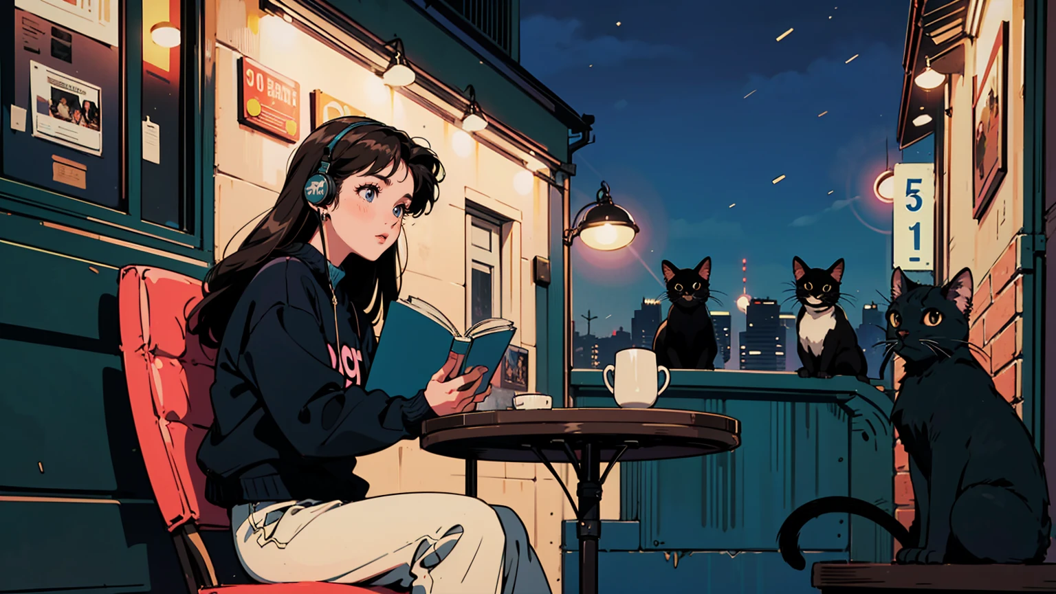 Highest quality, 8k, 1990s style,Hairstyles of the 2010s, 21 year old girl, Black Hair, Long Hair, Light brown eyes, City Pop, pants ,Night view, Wear headphones,Reading a book, whole body,  Relax Coffee,table,make,look at me, Black cat