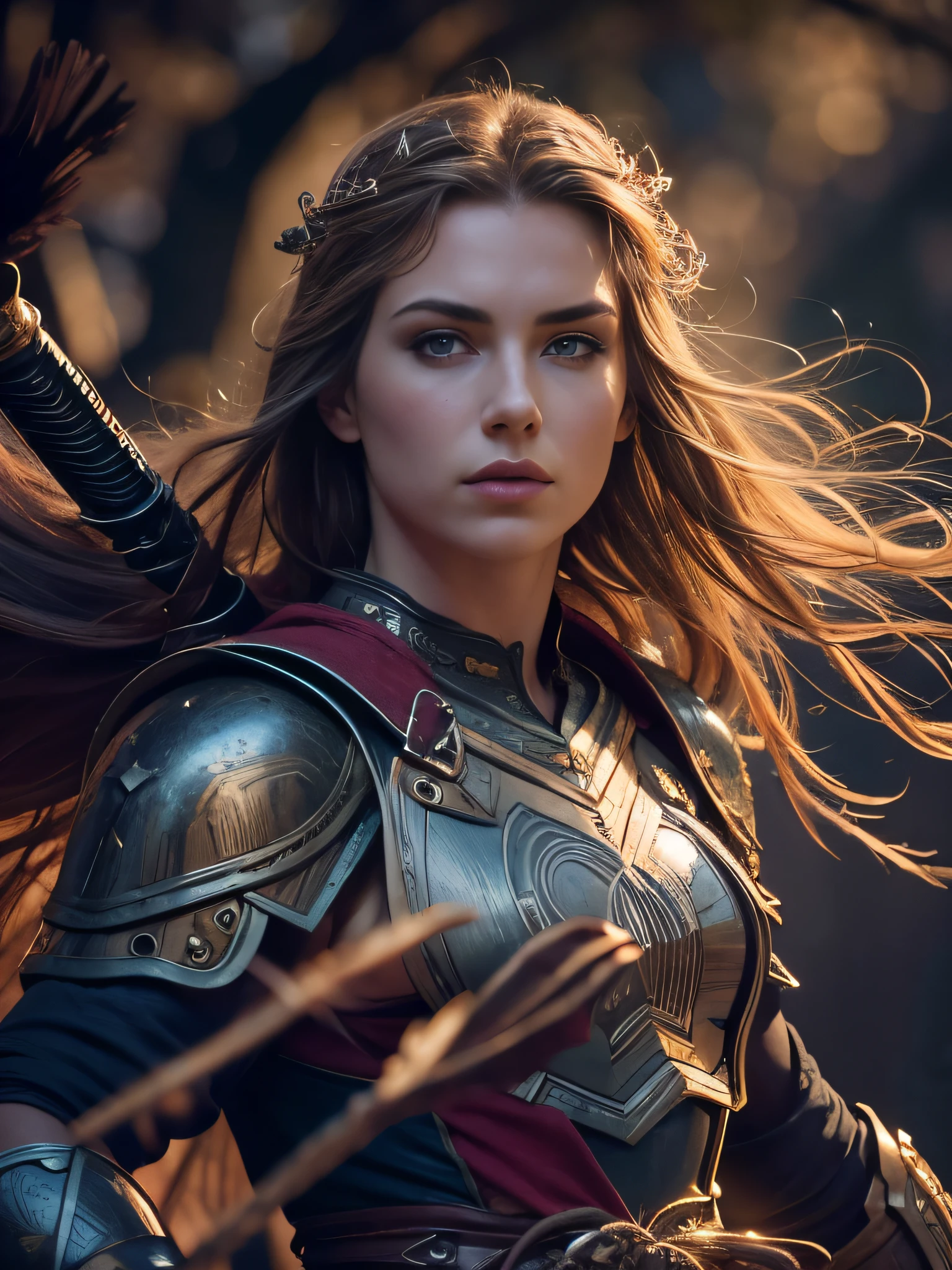 a beautiful young European woman, ancient celtic warrior, in battle, detailed face with beautiful eyes, nase, and lips, Flying hair, detailed armor and weapons, ultra realistic, 4K, photorrealistic, cinematic lighting, dramatic shadows, dynamic action pose, epic fantasy landscape background, moody colors, dramatic lighting