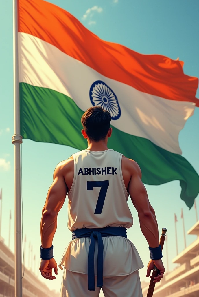 A huge tricolor flag of India is waving. In front of it, karate fighter man is standing facing the flag and on his top garment 'Abhishek' is written and below 'Abhishek' 7 is written. His back is visible, his Don't forget to write your name fag is completely visible and he had hold in his left hand nunchaku