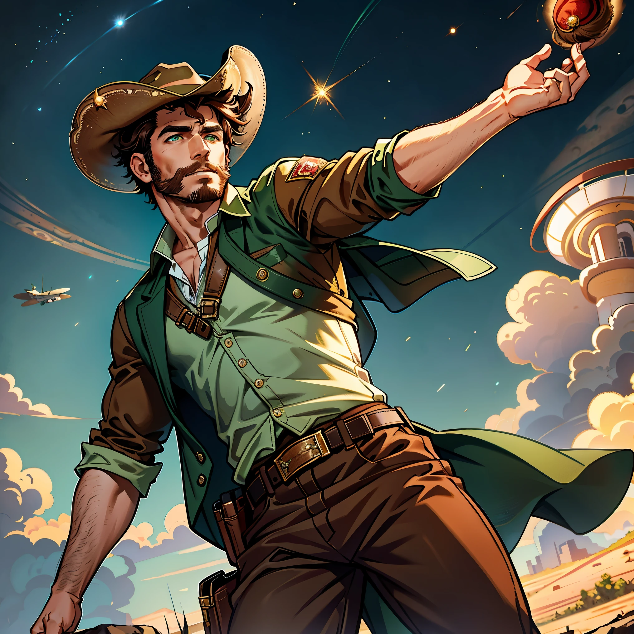 (masterpiece,8k resolution),a boy ,handsome, green eyes, ((medium brown hair)),((cowboy clothes)), stylish hat,(( on a jupiter)), falling from sky