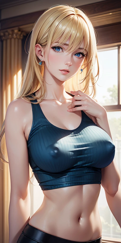 (Highest quality, High resolution, Realistic), Portraiture, Elegant mature woman, blue eyes, blonde, Small breasts, High resolution CG 8k, Beautiful CG, Soft Light,nsfw,Transparent nipples