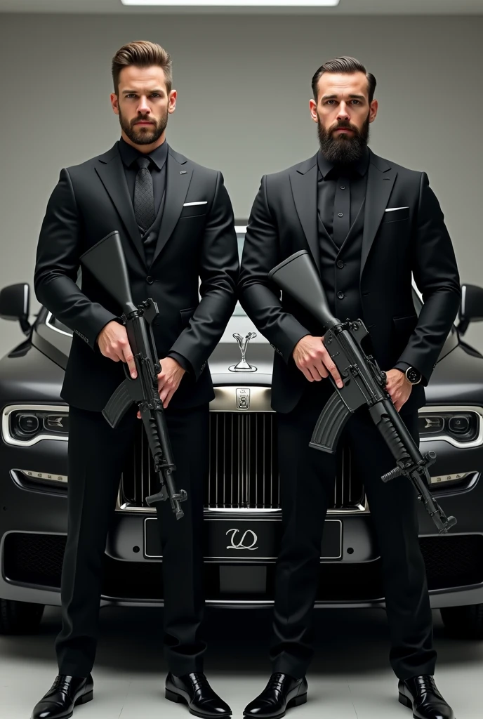 Make a professional photo with black suit in which 2 guys with  beard and out of them 2 one is fit and other is a gym guy with big body both are holding ak 47 in hands and have luxury car in background with straight facing add hairstyle to both 