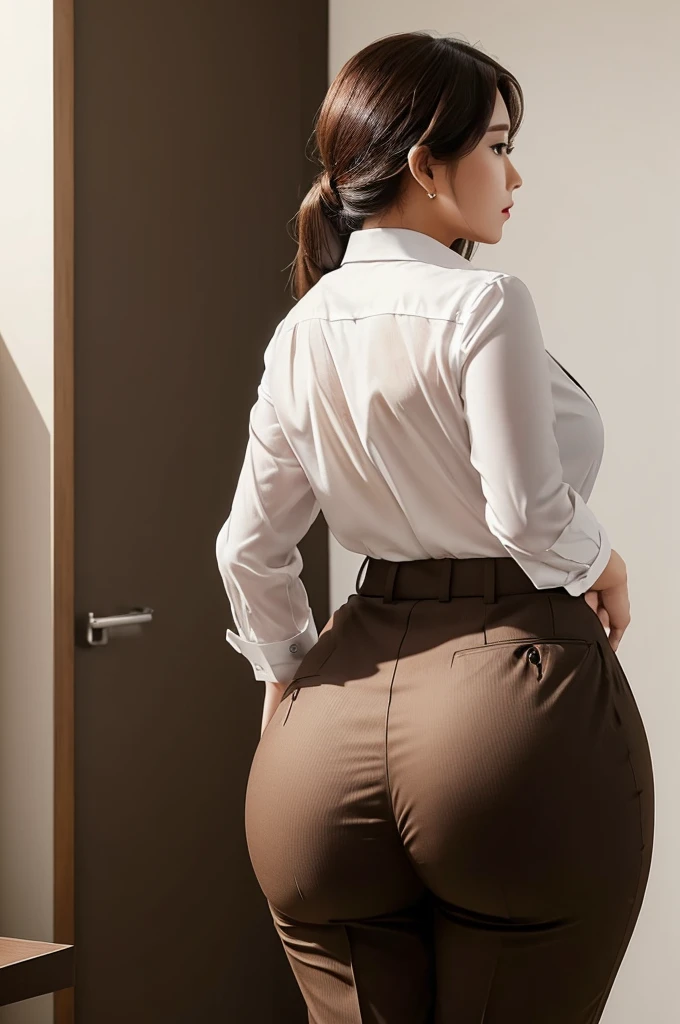 Super Beautiful Office Lady、(Plump ass)、Y shirt、Brown suitpants、posterior view、(((ultra best quality, ​masterpiece))), (((ighly detailed)))