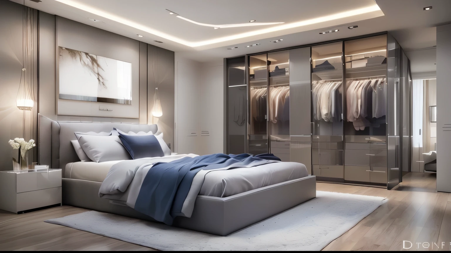 arafed bedroom with a bed, dressers, and a dressing area, elegant wardrobe, inside of a bedroom, bed room, photorealistic room, serene bedroom setting, hyper realistic style, realistic 3 d style, in style of ultra realistic, high quality 3d render, high quality 3 d render, true realistic image, small bedroom, high-quality render