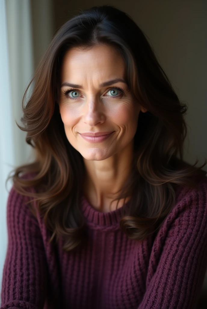 A 40 year old woman with dark brown hair with blue eyes wearing purple sweater