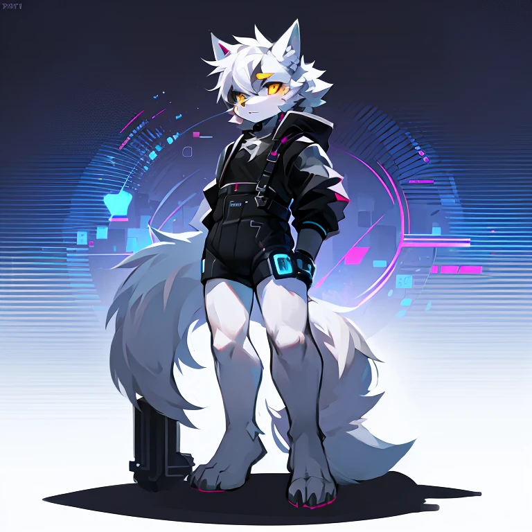 cyber punk perssonage,epcot,Tech style,solo person,White body,White ears,White hair,Overall white,Orange-yellow eyes,Wolf tail,Wolf orcs,Young,Wear a short-sleeved shirt,Ultra-clear screen,Soft lines