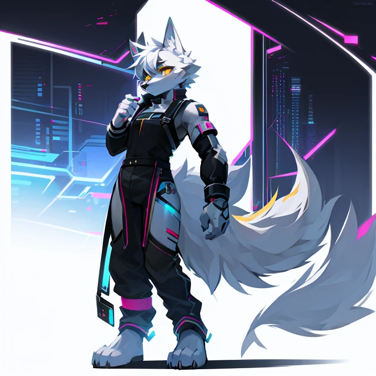 cyber punk perssonage,epcot,Tech style,solo person,White body,White ears,White hair,Overall white,Orange-yellow eyes,Wolf tail,Wolf orcs,Young,Wear a short-sleeved shirt,Ultra-clear screen,Soft lines