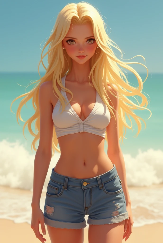 (best quality, masterpiece), 1girl, seducing pose, hands touch her pussy, smile, laughing, ocean, bandeau, shorts,undress blonde, freckles, blush, looking at viewer, wavy hair, cloud, splashing, waves, sun, mountain, wet, navel, flat chest, underboob, nsfw