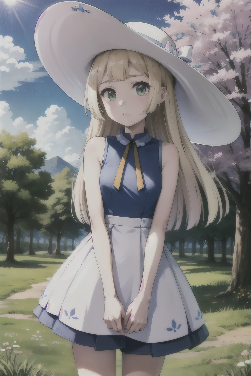 1 girl, masterpiece, (detailed background), Best Quality, absurdities, looking at the viewer,
forest path, field, grass, dirt road, wooden fence, blue sky, clouds, (sakura trees), sleeveless, exposed shoulders,
lilia, White dress, white sun hat, white ribbon, frown, expressionless,